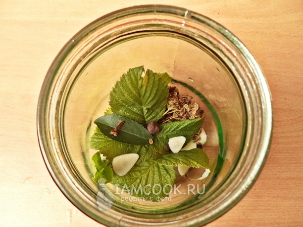 Положить в банку зелень и специи