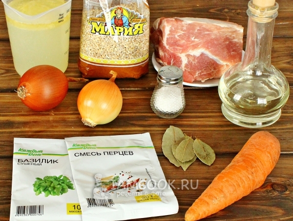 Ингредиенты для приготовления перловки с мясом в горшочке в духовке