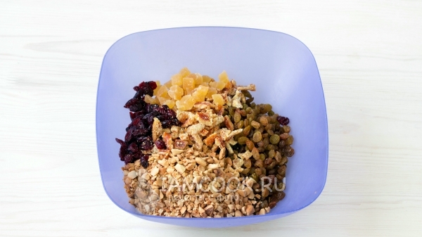 Соединить цукаты, изюм и орехи