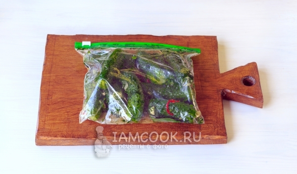 Готовые малосольные огурцы в пакете с чесноком