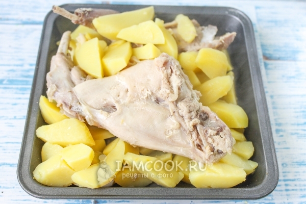 Выложить в форму мясо и картофель