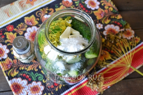 Положить на огурцы соль, чеснок и укроп