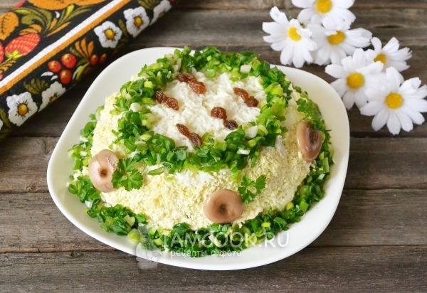 Фото салата «Берёзка» с курицей и грибами