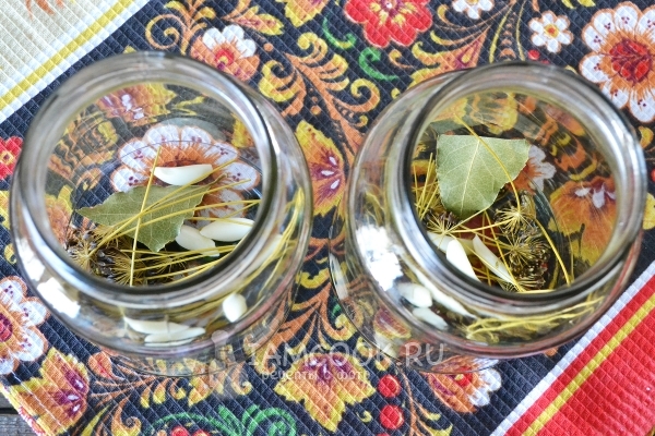 Положить в банку чеснок, укроп и перец