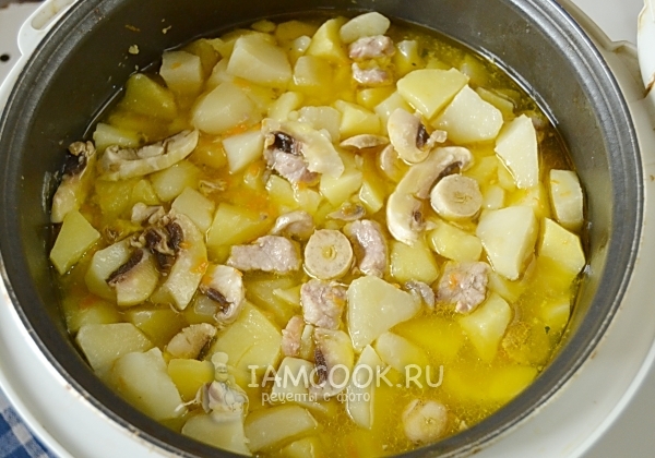 Потушить мясо с овощами и грибами