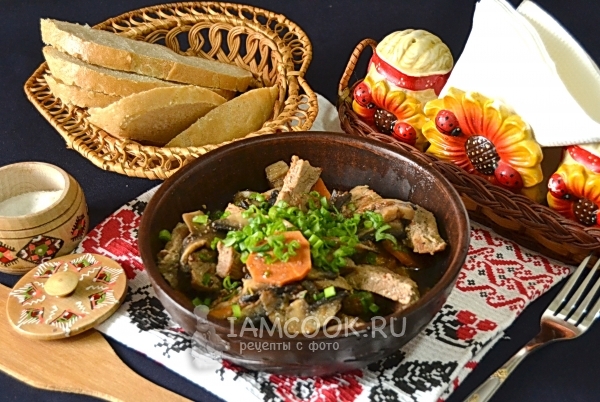 Фото тушёной говядины с грибами