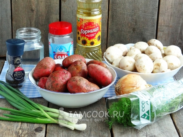 Ингредиенты для тушеной картошки с грибами в мультиварке