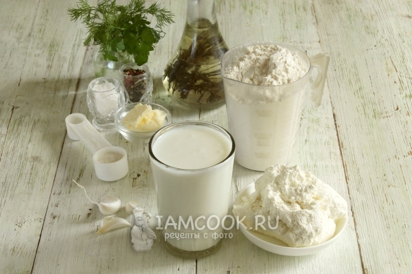Ингредиенты для лепёшек с творогом на кефире на сковороде