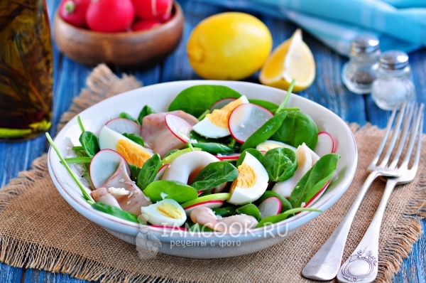 Фото салата с кальмаром, редисом и шпинатом