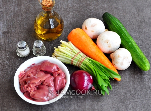 Ингредиенты для салата «Обжорка» с печенью