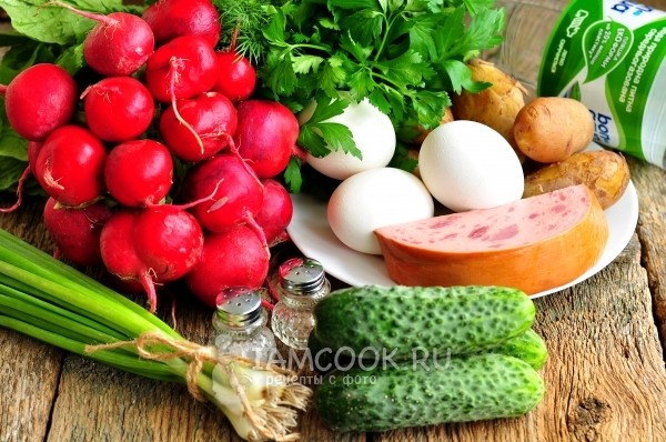 Ингредиенты для окрошки на минералке с майонезом