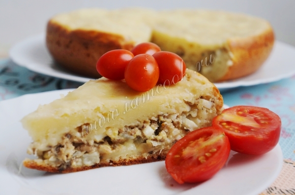 Кусочек рыбного пирога с консервой