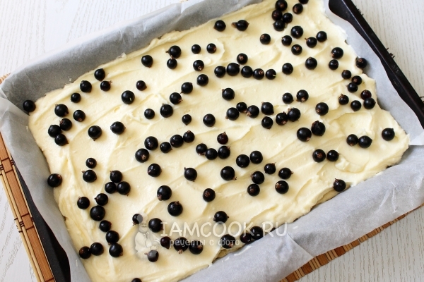 Выложить на тесто творог и смородину