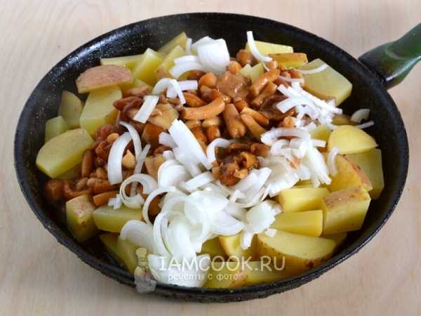 Добавить лук с грибами