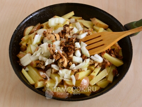 Добавить лук и грибы