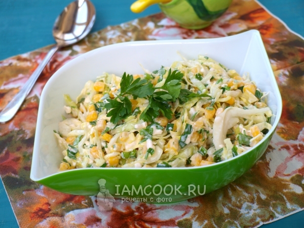 Фото салата с молодой капустой, кукурузой и плавленым сыром