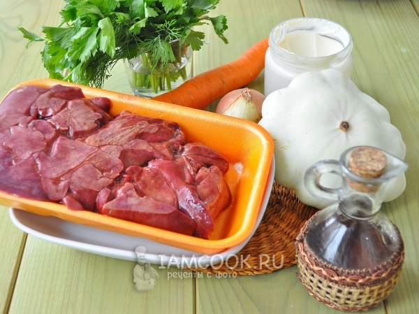 Ингредиенты для куриной печени с патиссонами в мультиварке