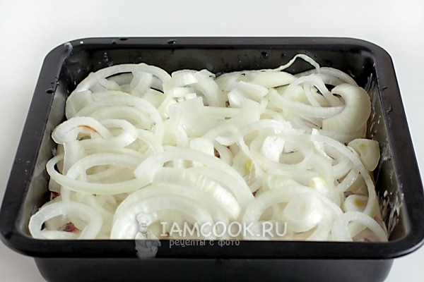 Положить на мясо лук