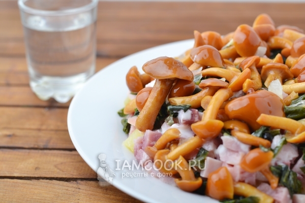 Фото салата с маринованными опятами и ветчиной