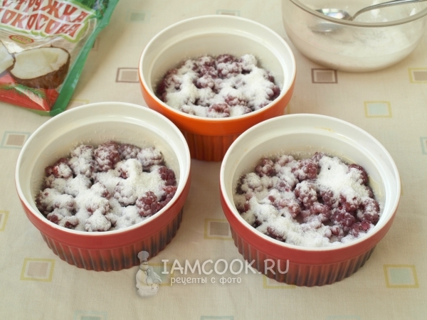 Посыпать сухой смесью малину