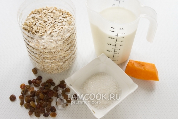 Ингредиенты для овсяной каши на молоке с тыквой и изюмом