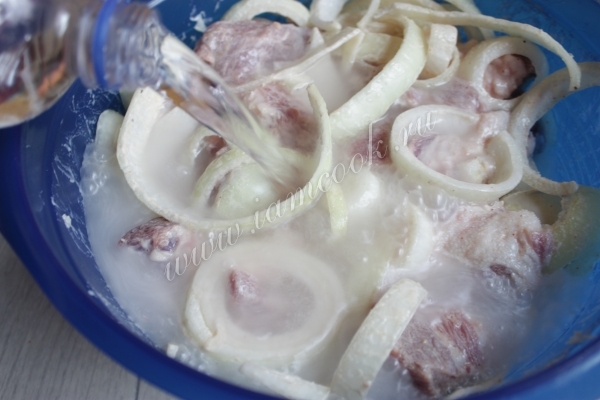 Мясо с луком в минералке