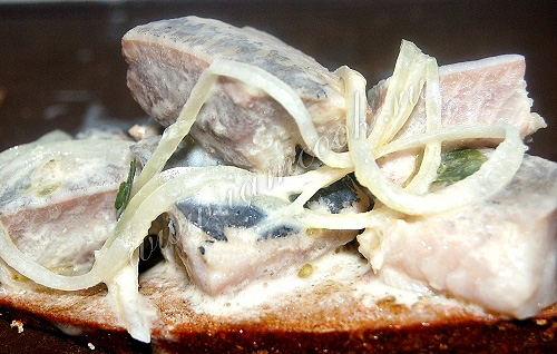 Сельдь в белом соусе на кусочке черного хлеба