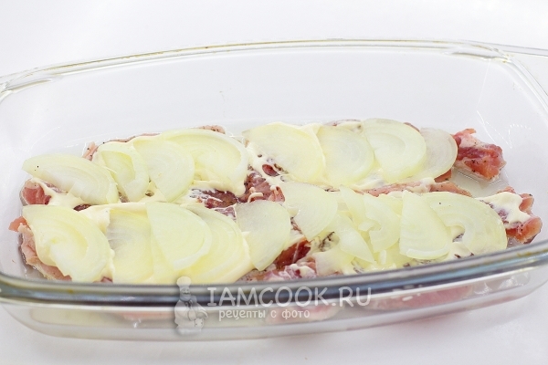Положить на мясо майонез и лук