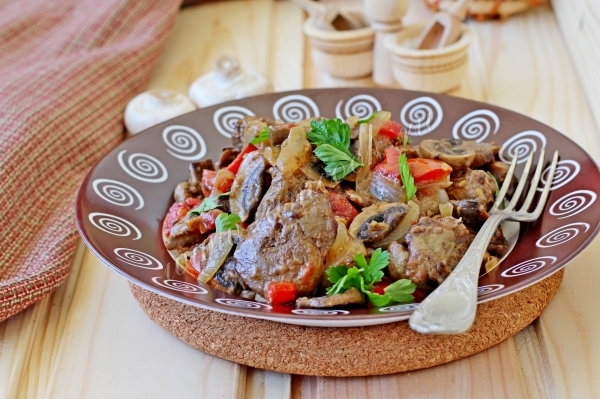 Рецепт куриной печени с шампиньонами