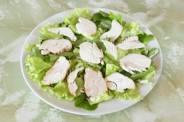 Выложить кусочки куриного филе