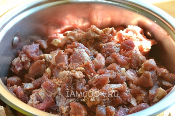 Положить в мясо специи, соль и чеснок