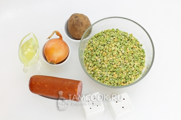 Ингредиенты для горохового супа с копченой колбасой