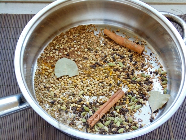 Всыпать специи на сковороду