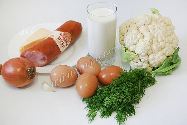 Ингредиенты для запеканки из цветной капусты с ветчиной