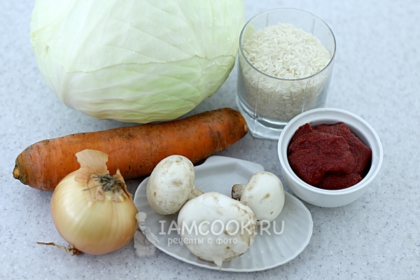 Ингредиенты для постных голубцов с грибами и рисом