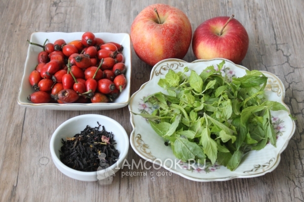 Ингредиенты для сушеного чая с мятой, яблоком и шиповником