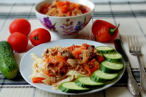 Макароны с куриными желудочками