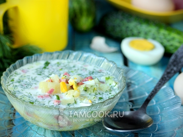 Окрошка на воде с сервелатом, рецепт с фото