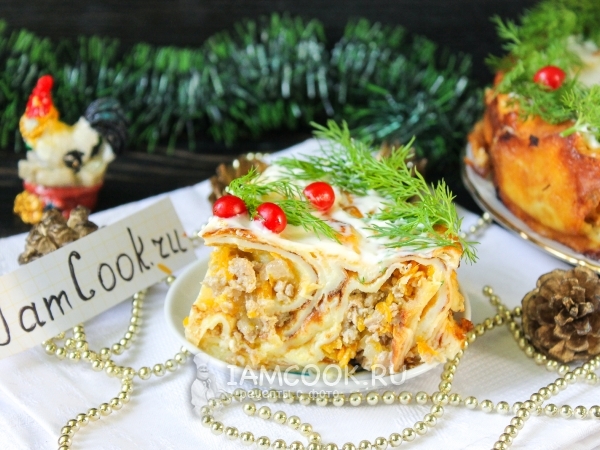 Блинный пирог с куриным фаршем, рецепт с фото