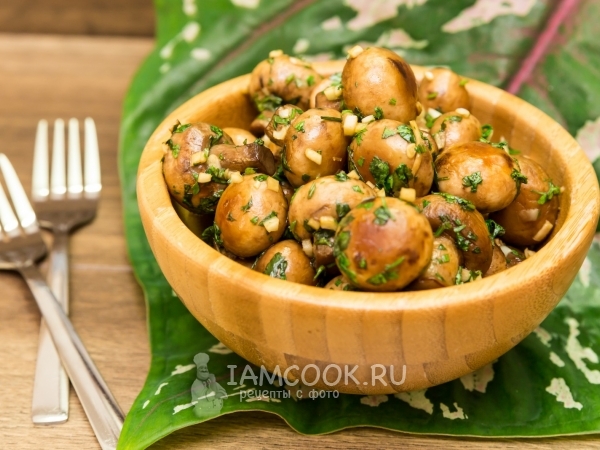 Жареные шампиньоны с чесноком и кинзой, рецепт с фото