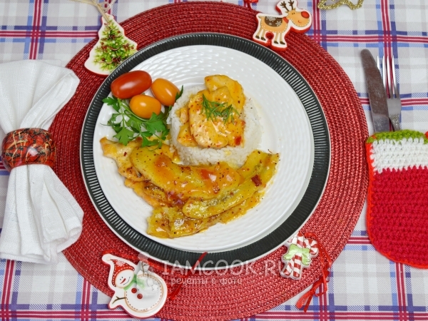 Куриное филе с бананом в острой апельсиновой глазури, рецепт с фото