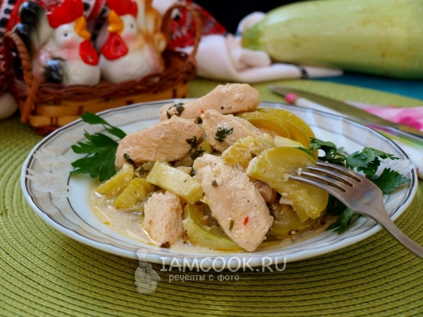 Тушеные кабачки с курицей, рецепт с фото