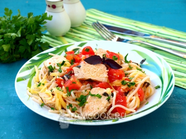 Спагетти с куриным филе и помидорами, рецепт с фото