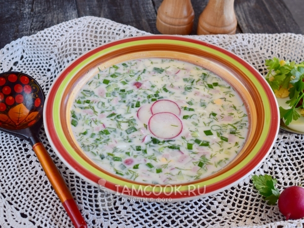 Окрошка на кефире с колбасой (классический рецепт), рецепт с фото